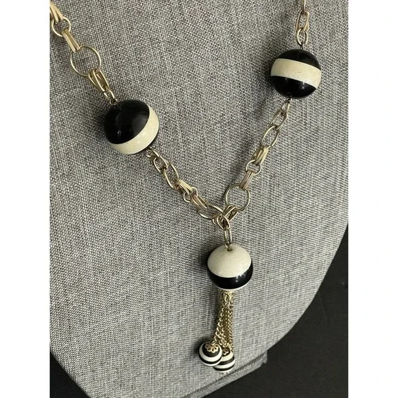 MCM VINTAGE ART DECO BLACK WHITE STRIPED BEAD RETRO TASSEL NECKLACE 36” - Picture 5 of 9